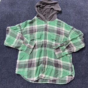 American Eagle Shirt Mens Medium Green Plaid Hooded Flannel Button Up Pockets